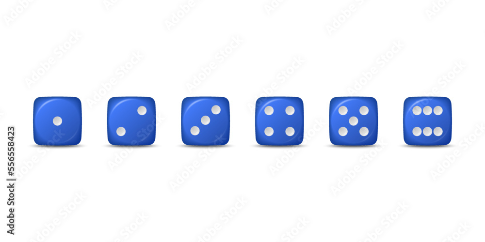 Vector 3d Realistic Blue Game Dice Icon Set Closeup Isolated. Game Cubes for Gambling, Casino Dices From One to Six Dots, Round Edges Vector 3d Realistic Blue Game Dice Icon Set Closeup Isolated. Game Cubes for Gambling, Casino Dices From One to Six Dots, Round Edges