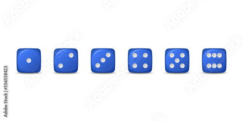 Vector 3d Realistic Blue Game Dice Icon Set Closeup Isolated. Game Cubes for Gambling, Casino Dices From One to Six Dots, Round Edges