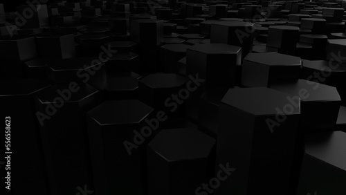 Abstract background with waves made of black futuristic honeycomb mosaic geometry primitive forms that goes up and down under green back-lighting. 3D illustration. 3D CG. High resolution.