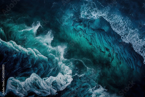 Ocean waves as seen from above. Background of blue water. Stunning color picture. Generative AI