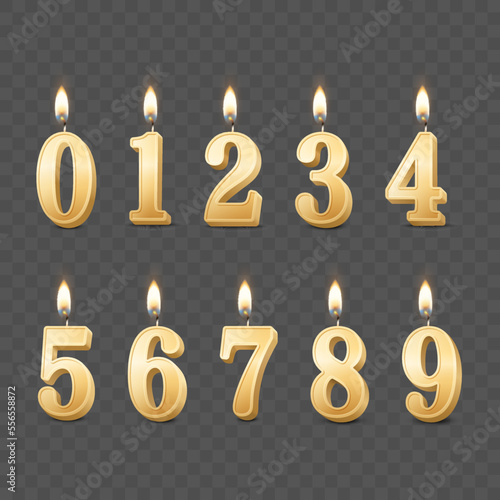 Vector 3d Realistic Paraffin or Wax Burning Yellow Golden Birthday Party Candles, Numbers and Different Flame of a Candle Icon Set Isolated. Design Template, Clipart, Birthday Concept. Front View