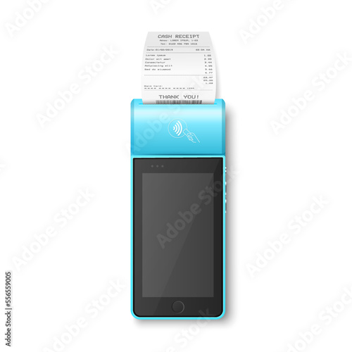 Vector 3d NFC Payment Machine with Approved Status, Paper Check, Receipt Isolated. Wi-fi, Wireless Payment. POS Terminal, Machine Design Template of Bank Payment Contactless Terminal, Mockup. Top VIew