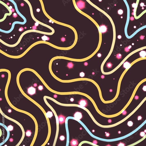 Brown galactic background with yellow vibrant lines and colored alien lights, galaxy, universe or micro-universe of microorganisms