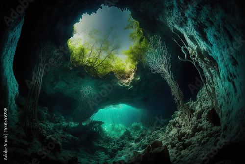View in a submerged cenote, underwater cave stalactites, cave diving, Yucatan, Mexico. Generative AI