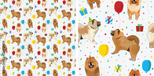 Happy Birthday Pattern with chow chow dog in a party hat, seamless texture. Repeatable textile, wrapping paper, white background graphic design. Holiday wallpaper with staying dogs, and confetti.