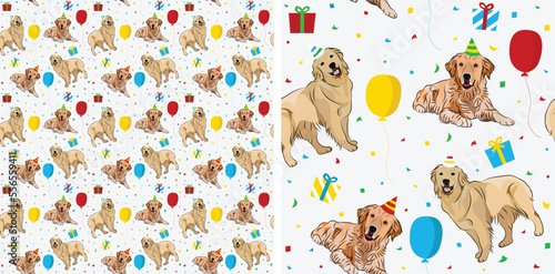 Happy Birthday Pattern with Golden Retriever dog in a party hat, seamless texture. Repeatable textile, wrapping paper, white background graphic design. Holiday wallpaper with sitting dogs,and confetti