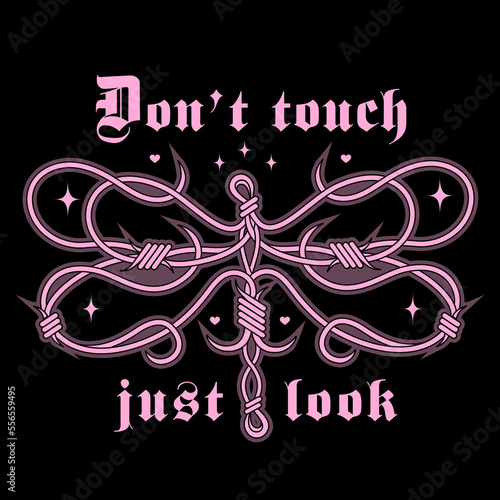 Emo gothic barbed wire dragonfly, weird black and pink concept. Psychedelic Y2k Graphic with goth slogan. Glamor trendy 2000s aesthetic.