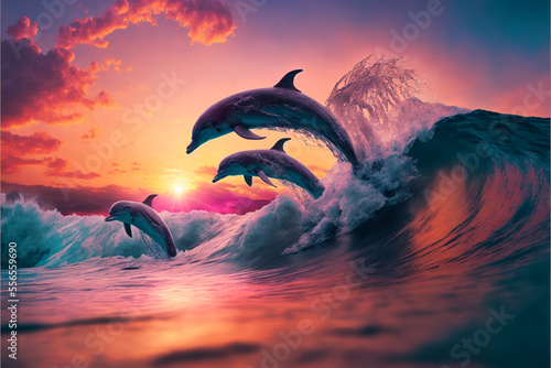 Canvas Print A group of dolphins splashing and playing in the waves by Generative AI