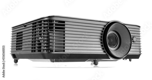 Black video projector on white background