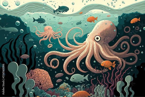 Giant octopus, fish, and stones populate a submerged ocean landscape. Sea creatures, including a squid with tentacles and suckers, swim beside a school of fish in this cartoon. Generative AI