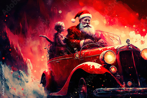 Santa Claus with a companion in a red vehicle decorated for Christmas. Generative AI