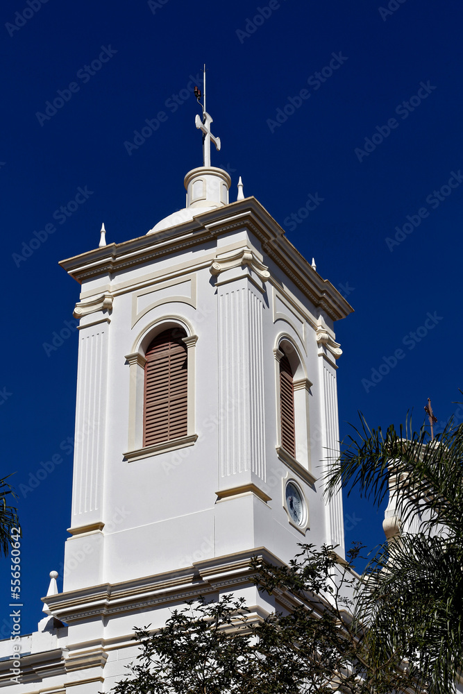White catholic church under intense blue sky on colonial city of Sao Luiz do Paraitinga, Brazil