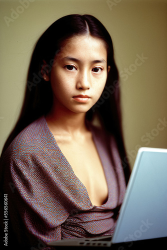 Portrait of a young Ajay girl sitting in front of a laptop Generative AI photo