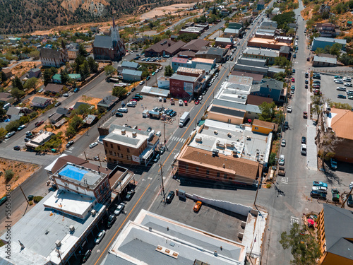 Aerial scenic view of Victorian building on historic Main C street in downtown Virginia City. Cars parked along the street of Virginia  Nevada  USA