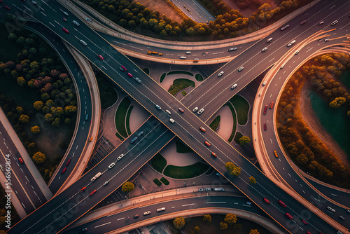 Fotografiet aerial picture of a city's traffic junction, aerial picture of a city's overpass and highway highway's top view Highway traffic is a crucial infrastructure, Ecology
