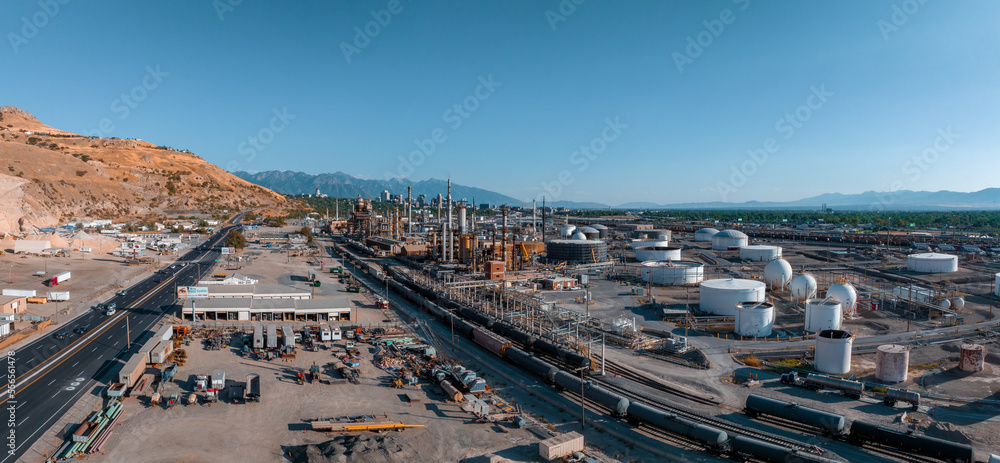Aerial view of Salt Lake city oil refineries. Burning coal producing energy. Air pollution environmental contamination, ecological disaster earth planet problems concept.