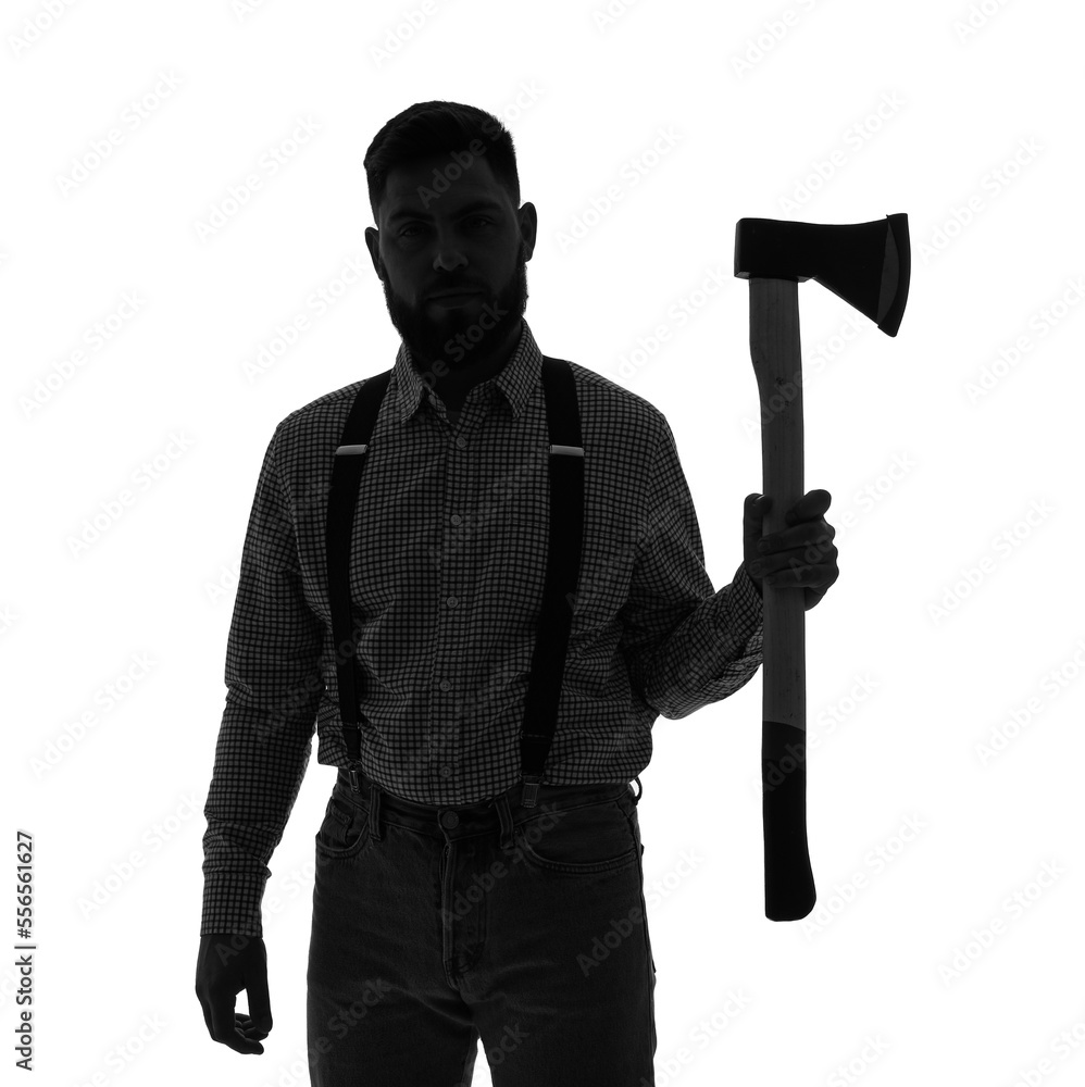 Silhouette of young man with axe on white background Silhouette of young man with axe on white background