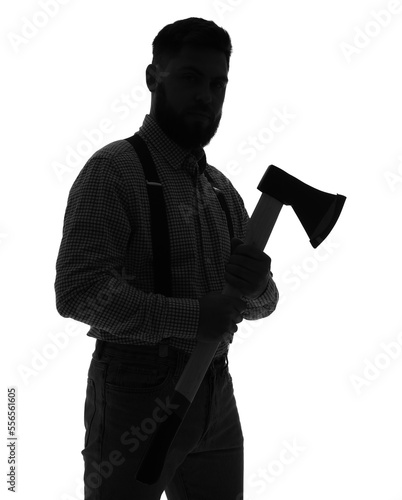 Silhouette of young man with axe on white background