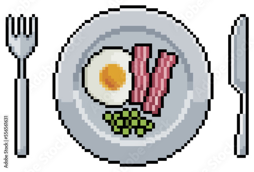 Pixel art plate with eggs, bacon, peas and cutlery vector icon for 8bit game on white background
