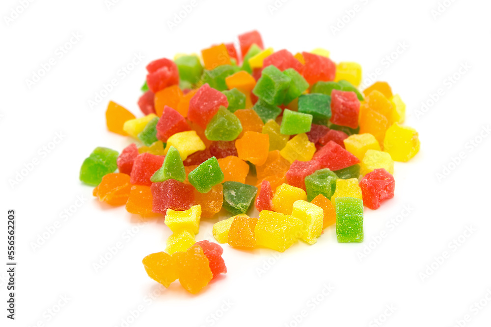 Heap of candied fruit isolated on white background. Mix of dried sweet fruits. Heap of candied fruit isolated on white background. Mix of dried sweet fruits.