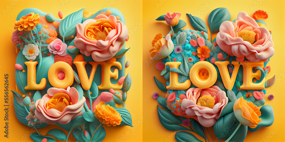 Composition with flowers on yellow background, love word in a centre