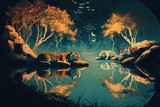 scene of sleeping tigers beside a pond. Generative AI
