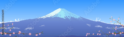 Japanese mountain landscape, wild nature. Mount Fuji is the symbol of Japan. Cherry blossom branch, mountain range under clear blue sky. Art drawing, panoramic view, vector illustration.