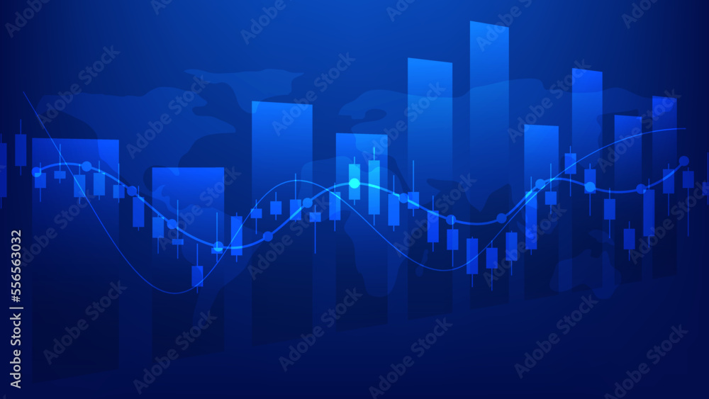 Financial business statistics with bar graph and candlestick chart show stock market price and effective earning on blue background Financial business statistics with bar graph and candlestick chart show stock market price and effective earning on blue background