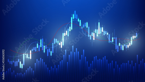Financial business statistics with bar graph and candlestick chart show stock market price and effective earning on blue background