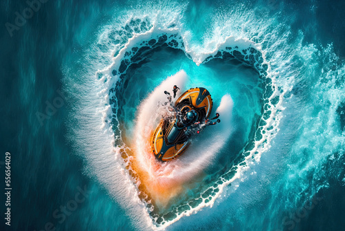 Water jet drive or jet pump waverunner aquabike splash love heart top sign. Aerial picture of water motorcycle competitions in the Maldives. Generative AI photo