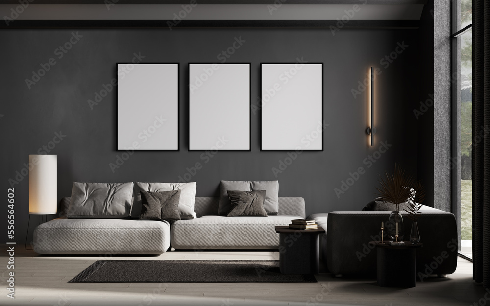 Poster frames mockup in modern dark living room, 3d rendering Poster frames mockup in modern dark living room, 3d rendering
