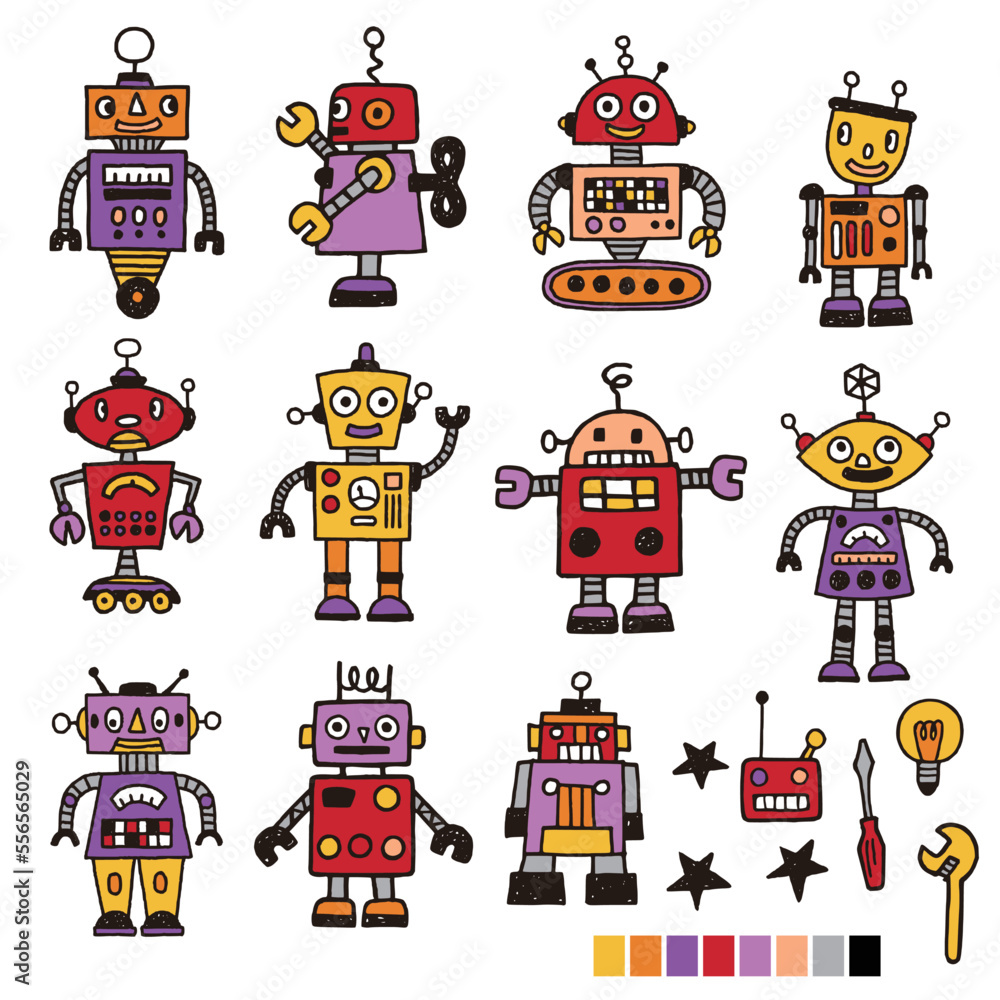 Retro robot illustration material collection,