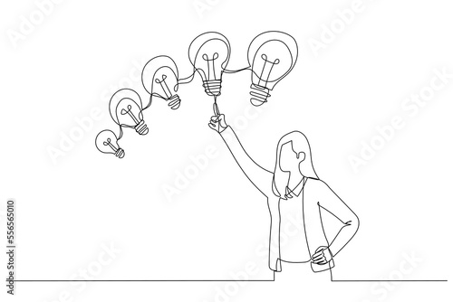 Illustration of businesswoman with different sizes of idea. Continuous line art