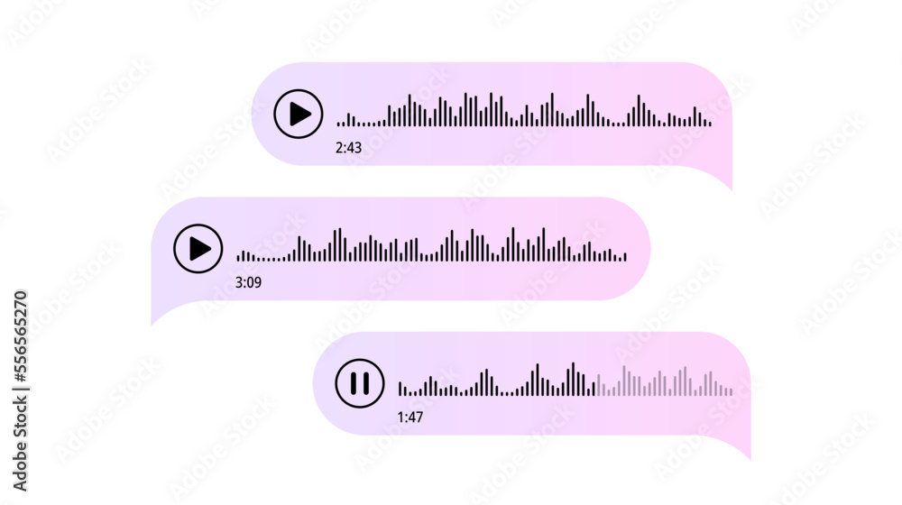 Voice messages. Bubbles with audio record. Chat messenger Ui concept. Speech bubbles. Interface for sound call and speech records. Voice messages. Bubbles with audio record. Chat messenger Ui concept. Speech bubbles. Interface for sound call and speech records.