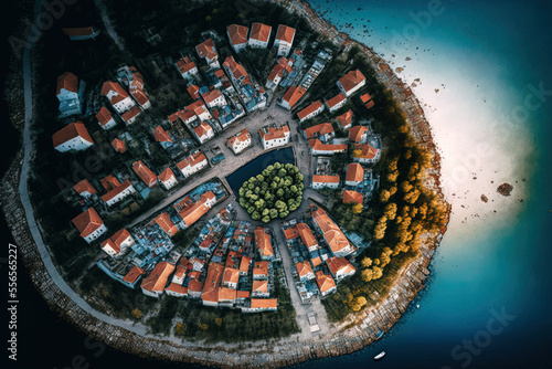 Aerial image of Croatia's Orebic village on Peljeac. Generative AI photo