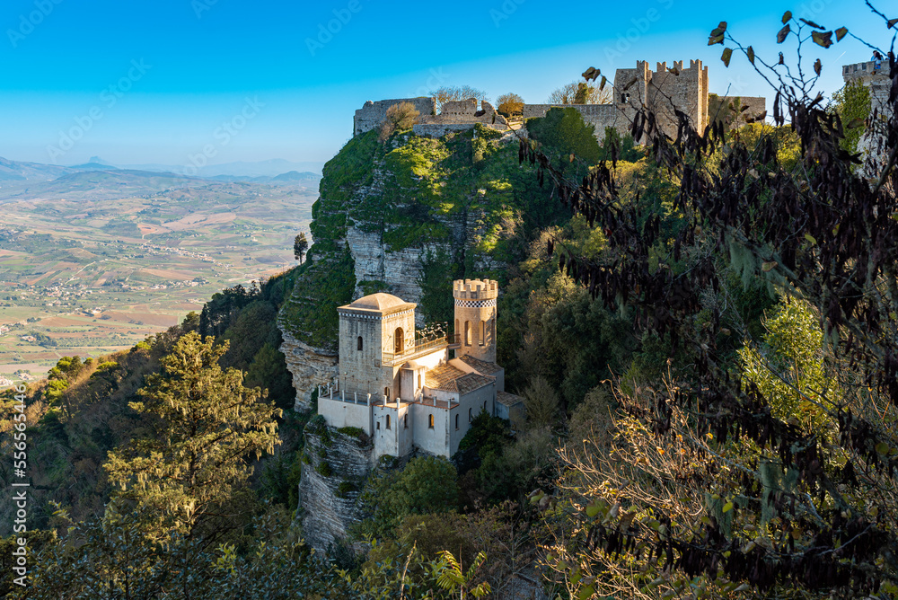 The Toretta Pepoli, Little tower, built in 1870 by count Agostino Pepoli in the slopes of Mount Erice not far from the town of Erice in western Sicily. On top of the mountain, the Castello di Venere