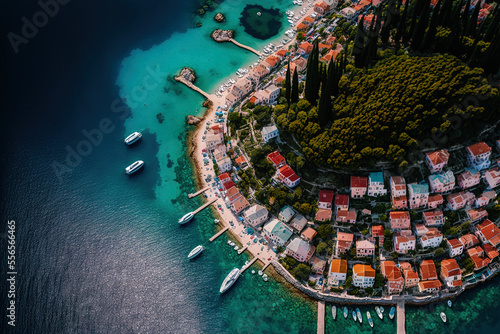 Aerial drone photo shows Kioni, a charming, gorgeous beach resort and a secure port for yachts and sailboats on the Ionian Sea of Greece's Ithaki or Ithaca island. Generative AI photo
