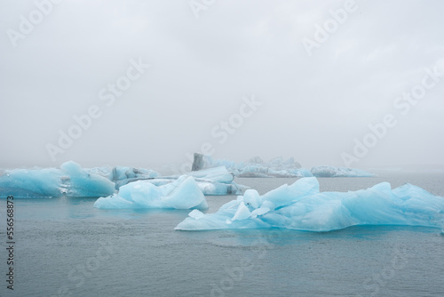 Iceland Lake with Melting Glaciers in Foggy Weather, Pure Blue Ice in Jokulsarlon lagoon. © Frozen Ant Films