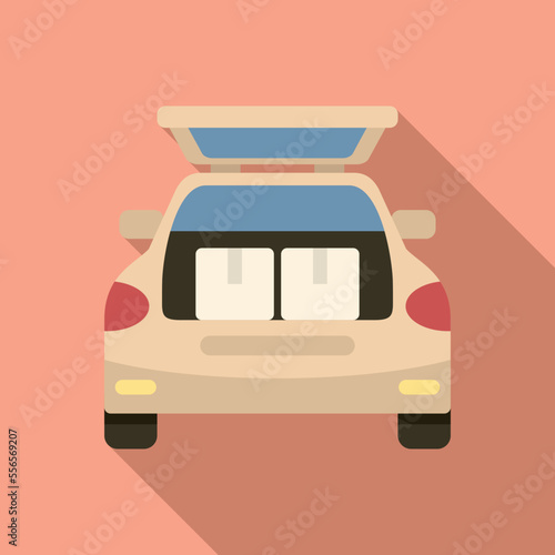 Box in car trunk icon flat vector. Travel back. Auto trip bag
