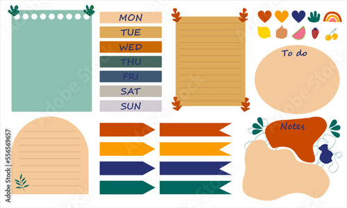 Vector illustration Digital Notes stickers collection, days of the week, paperless Bullet journal in bright colors