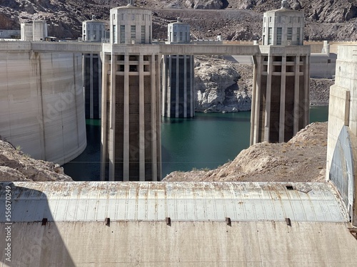 Hoover Dam over Lake Mead showing low water level line