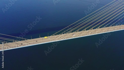 Aerial view of the cable-stayed bridge bridge over the strait