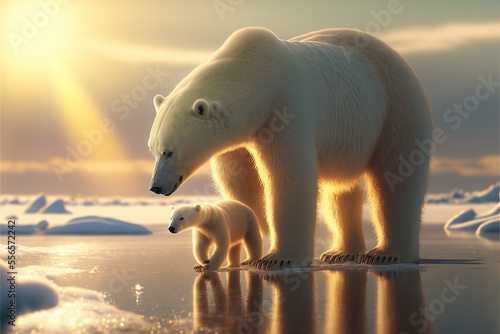 Adult polar bear with baby cub polar bear in icy winter landscape at golden hour, beautiful wildlife scene of arctic environment