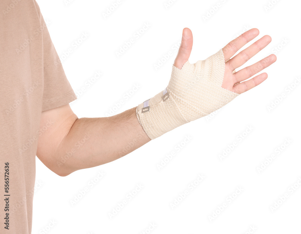Man with hand wrapped in medical bandage on white background, closeup Man with hand wrapped in medical bandage on white background, closeup