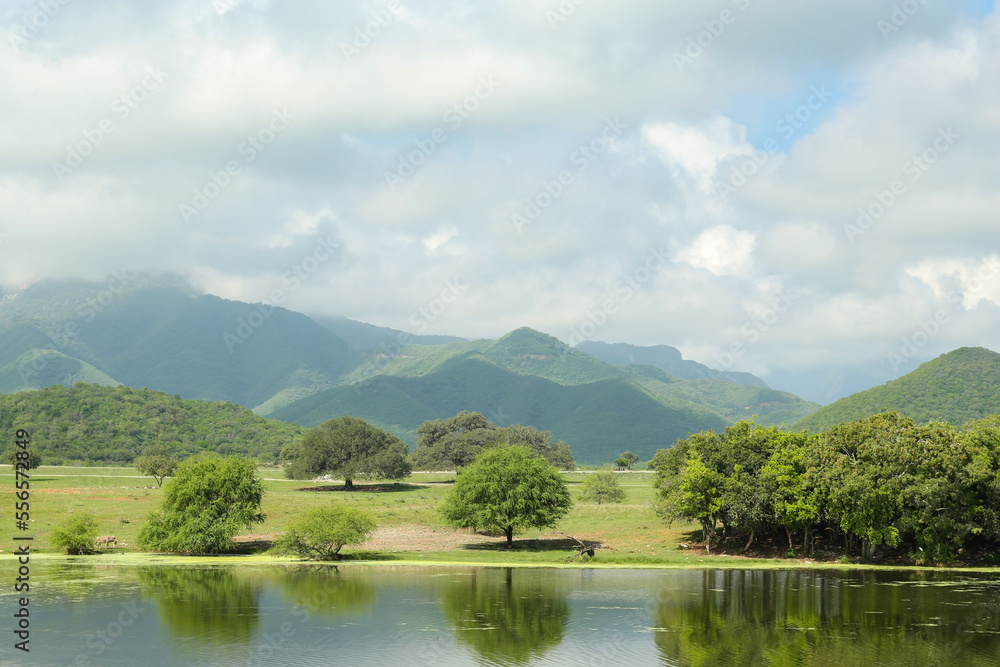 Picturesque view of mountains and green meadow with lake Picturesque view of mountains and green meadow with lake