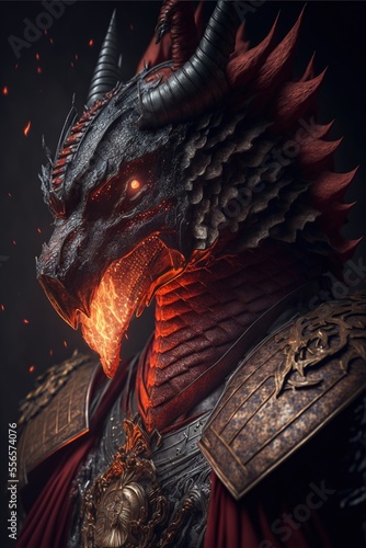 Red dragon in ornated fire armor, fantasy creature or character cinematic details