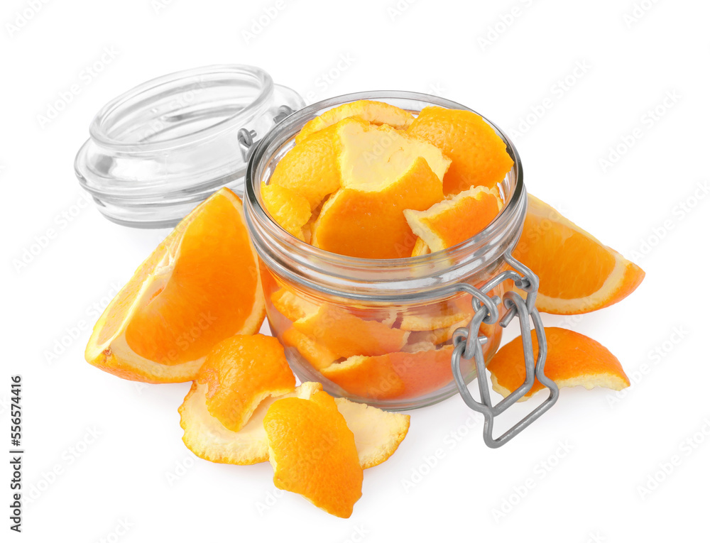 Orange peels preparing for drying and fresh fruit isolated on white Orange peels preparing for drying and fresh fruit isolated on white