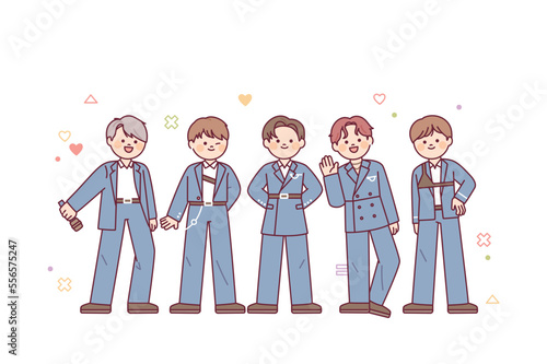 Cute male idol group. The boys are wearing stage costumes and greeting the fans.