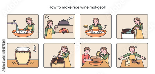 Korean traditional liquor is made in the traditional way. Makgeolli brewing process information illustration.