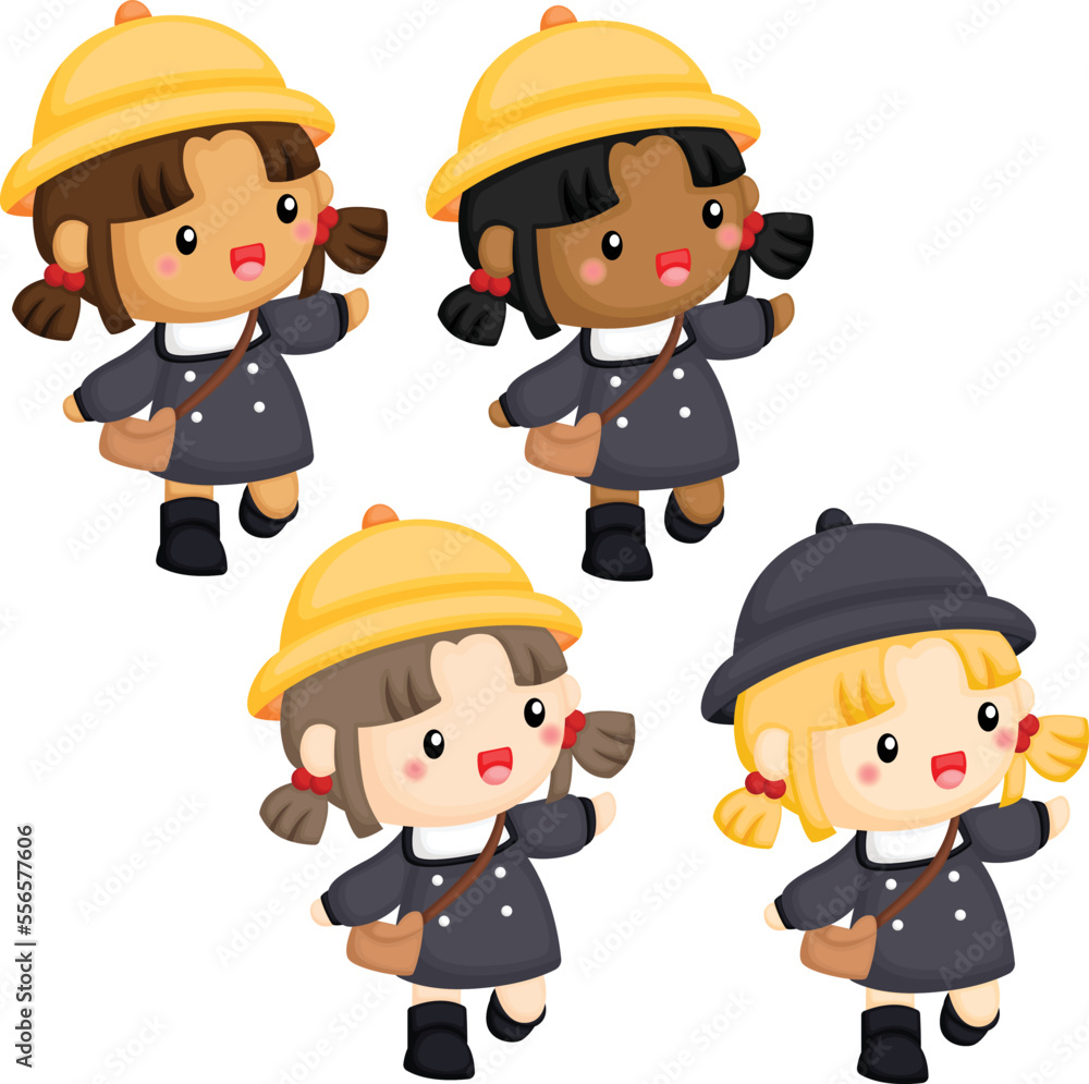 A vector of school girls with multiple skin tones
